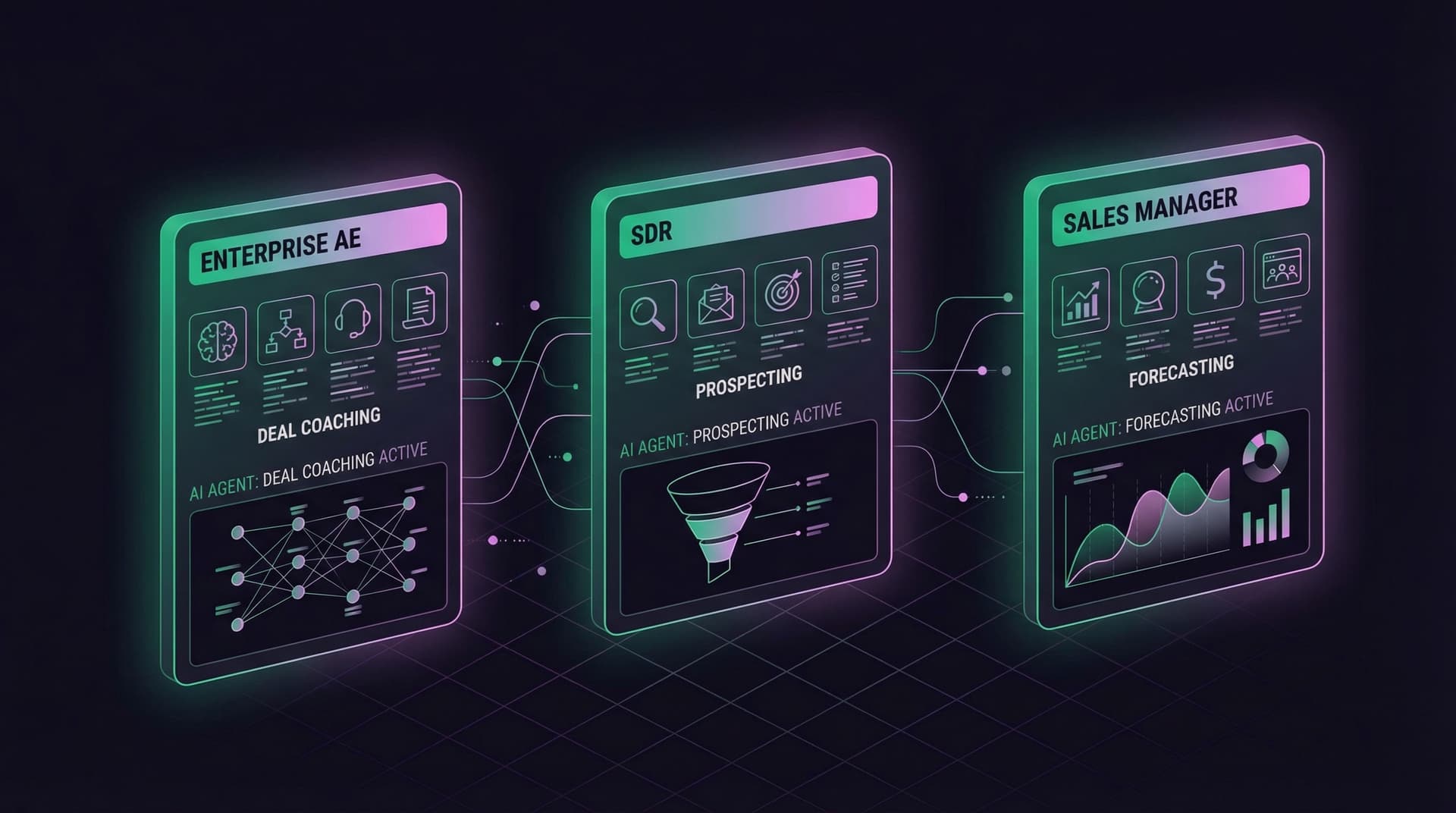 Three AI agent personas configured for different sales roles